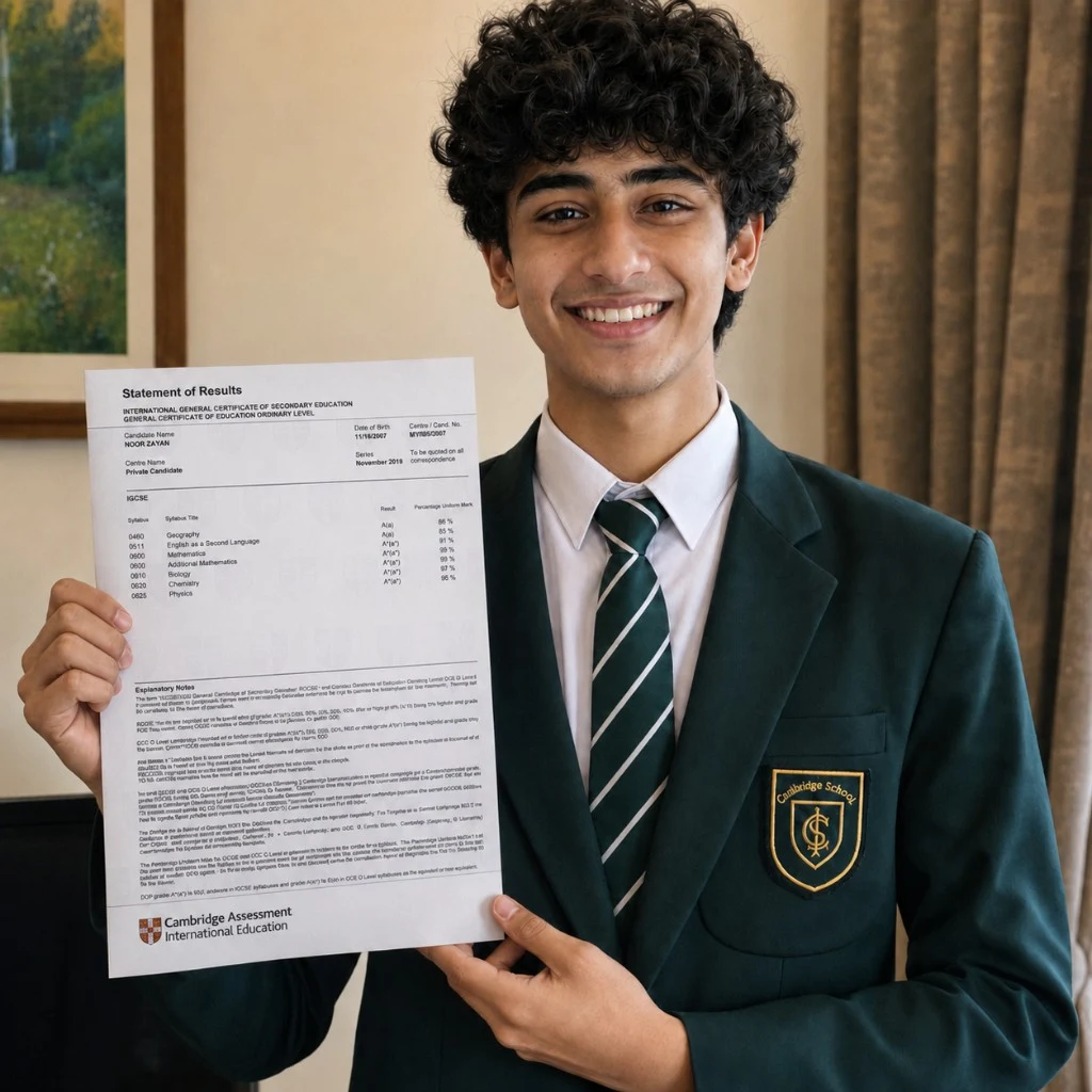 Faizan Shah holding his Cambridge IGCSE statement of results showing A* and A grades